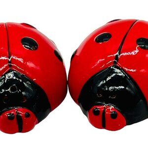 Vintage Ladybug Salt Pepper Shakers Ceramic Japan Red Black 3 inch